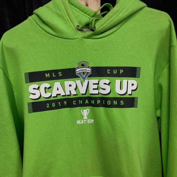 Lime green SEATTLE SOUNDERS raise your scarves  pull over hoodie size men's XL - Picture 9 of 13